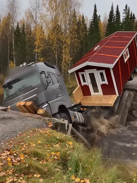 Rekka on pudonnut romahtaneen puusillan mukana puroon, ja punainen hirsisauna nojaa sillan rippeisiin.
